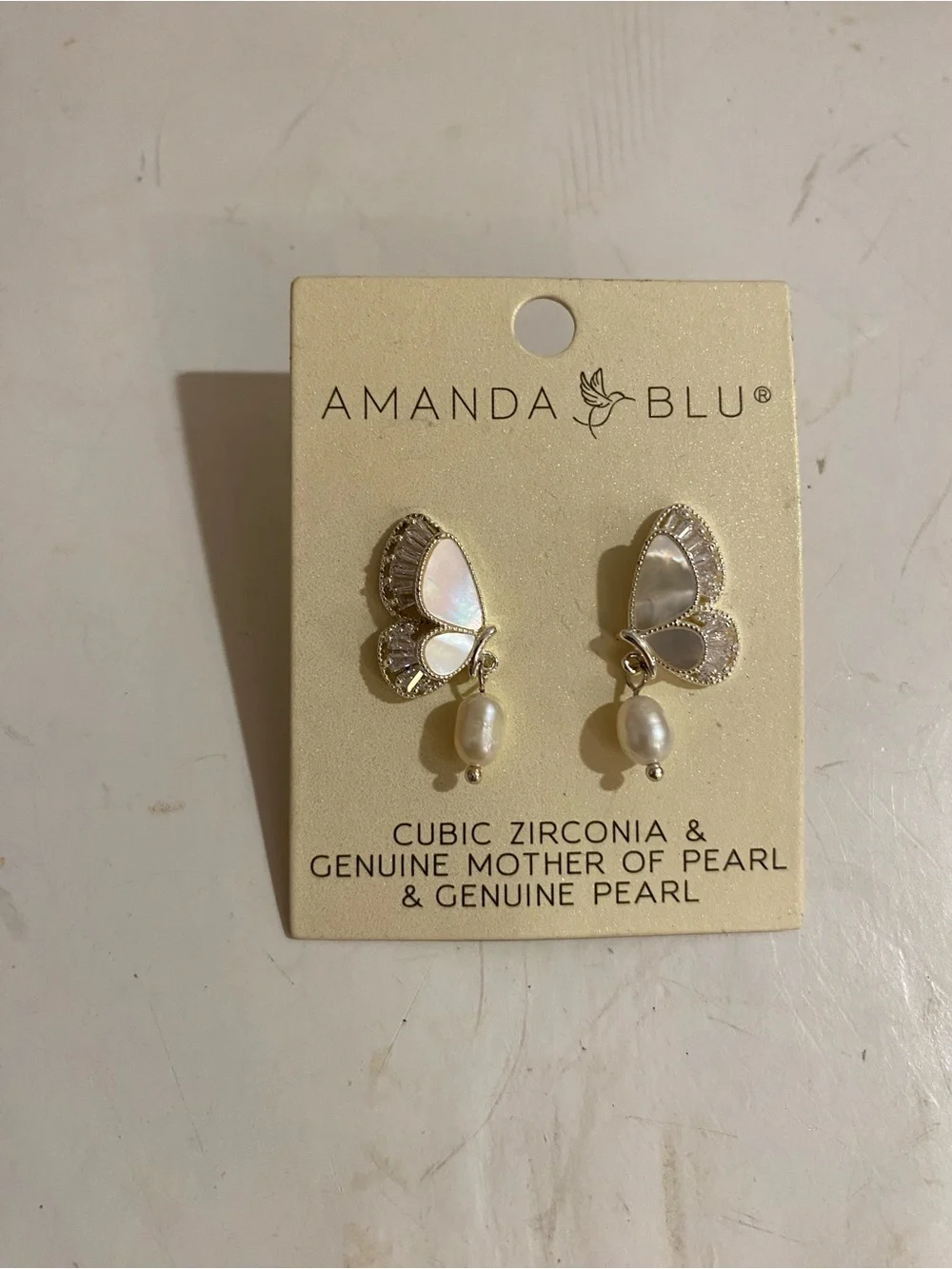Amanda Blu Cubic Zirconia & Genuine Mother of Pearl Butterfly Post Earrings (RR) - Picture 2 of 7